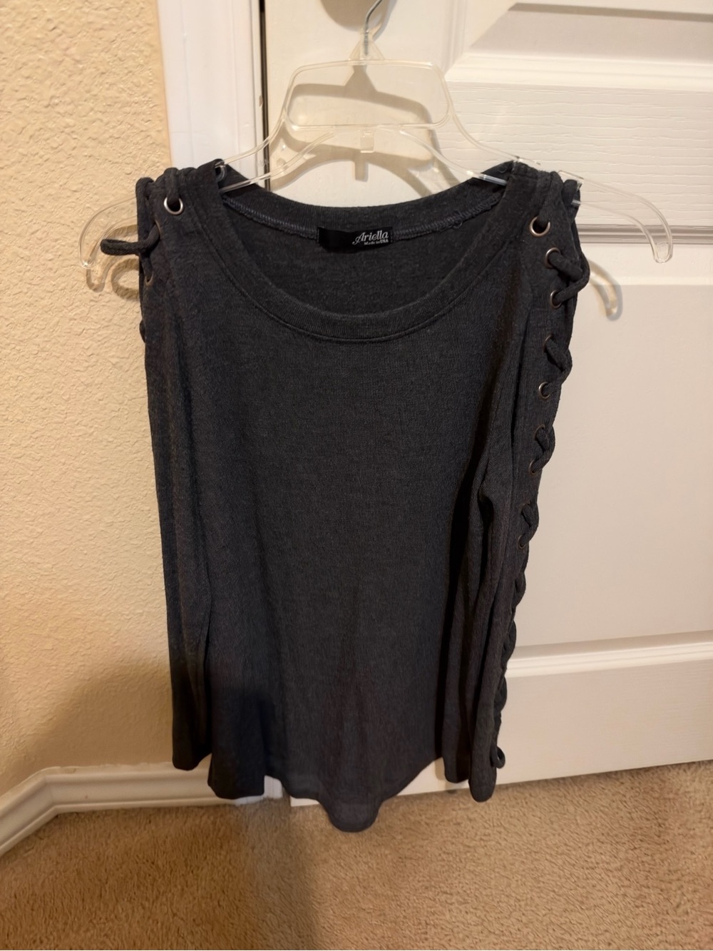 Ariella Dark Charcoal Lace-Up Cold Shoulder Long Sleeve Top
